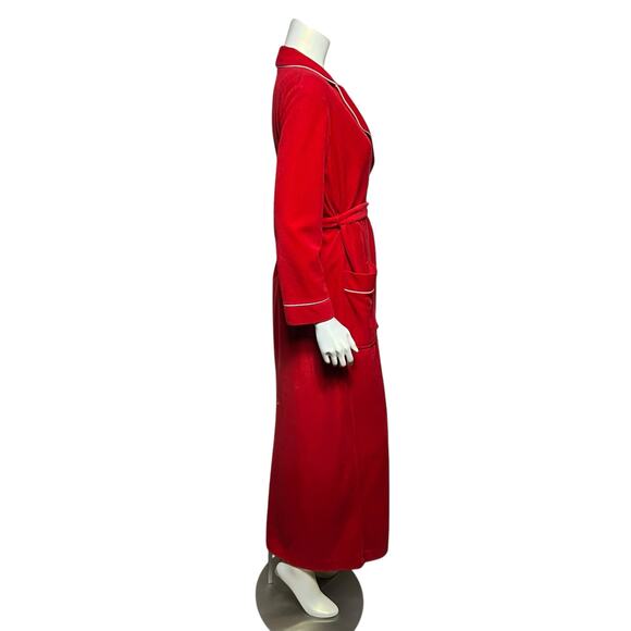 Vintage Red Velour Bathrobe with White Piping Classic Wrap Style Robe Small - Picture 11 of 13